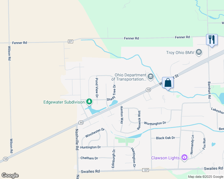 map of restaurants, bars, coffee shops, grocery stores, and more near 2669 Shady Tree Drive in Troy