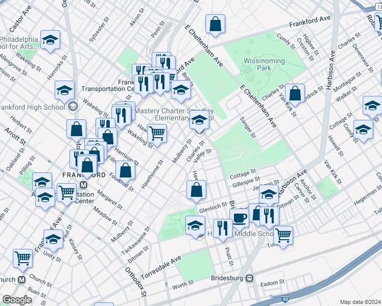 map of restaurants, bars, coffee shops, grocery stores, and more near 5044 Charles Street in Philadelphia