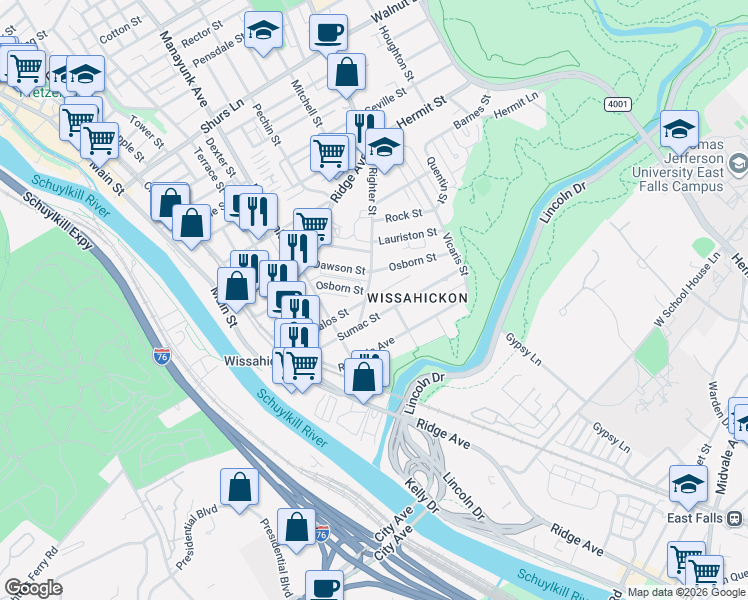 map of restaurants, bars, coffee shops, grocery stores, and more near 163 Sumac Street in Philadelphia