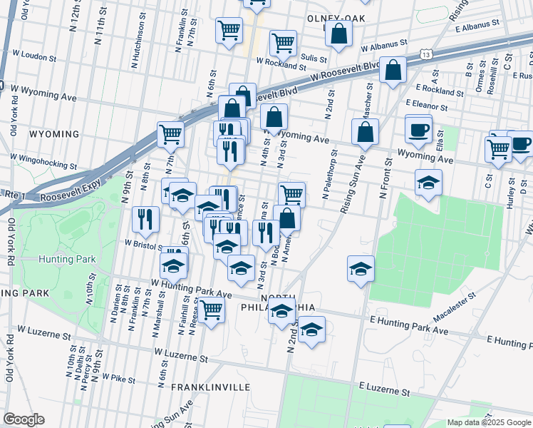 map of restaurants, bars, coffee shops, grocery stores, and more near 4437 North Orianna Street in Philadelphia
