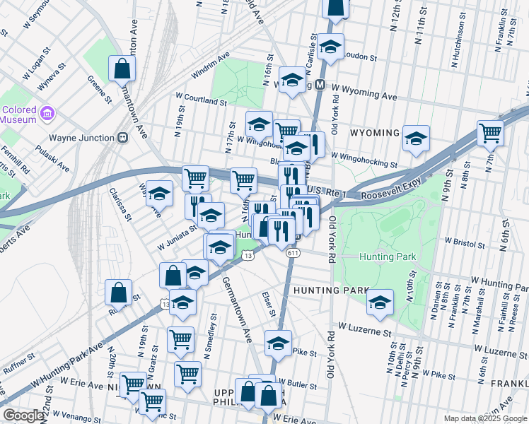 map of restaurants, bars, coffee shops, grocery stores, and more near 4255 North Hicks Street in Philadelphia