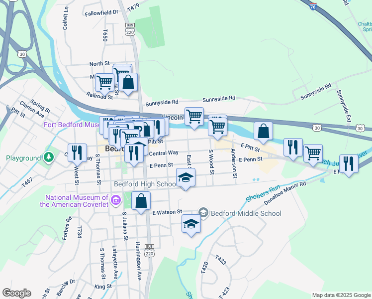 map of restaurants, bars, coffee shops, grocery stores, and more near 120 East Street in Bedford