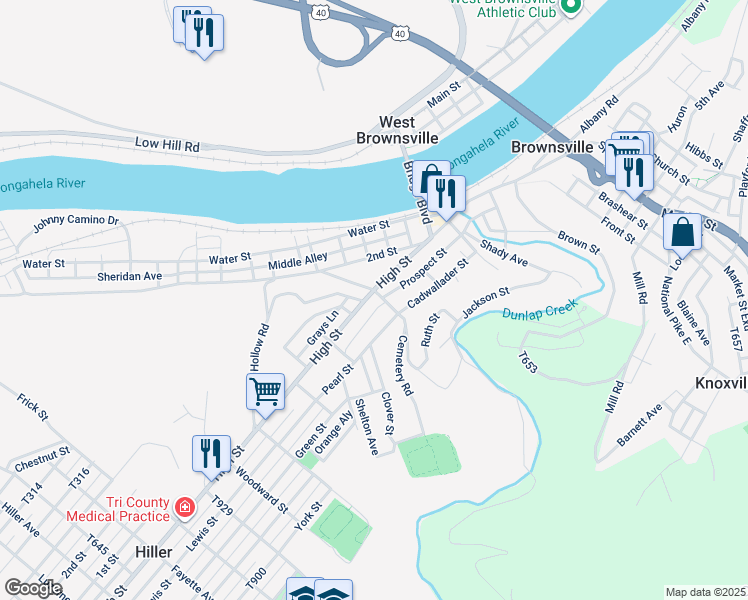 map of restaurants, bars, coffee shops, grocery stores, and more near 307 High Street in Brownsville