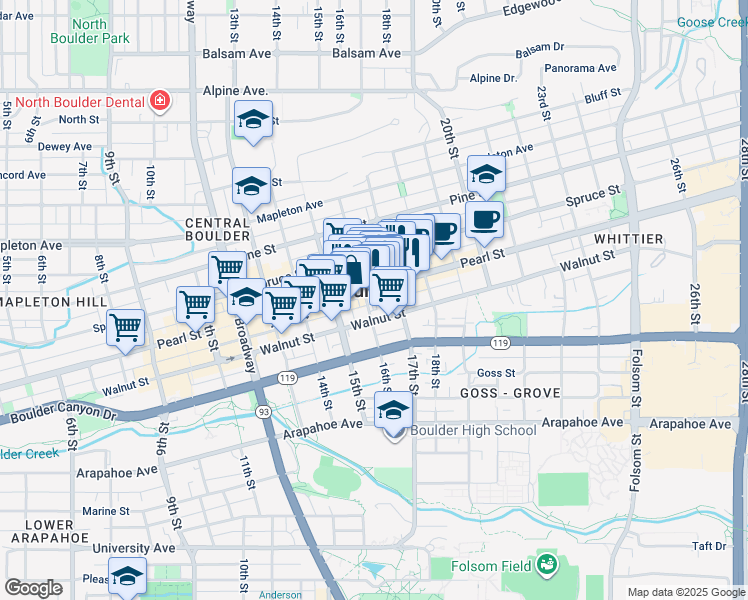 map of restaurants, bars, coffee shops, grocery stores, and more near 1600 Pearl Street in Boulder
