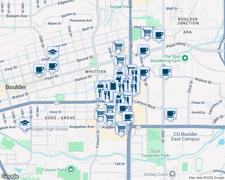 map of restaurants, bars, coffee shops, grocery stores, and more near 1853 26th Street in Boulder