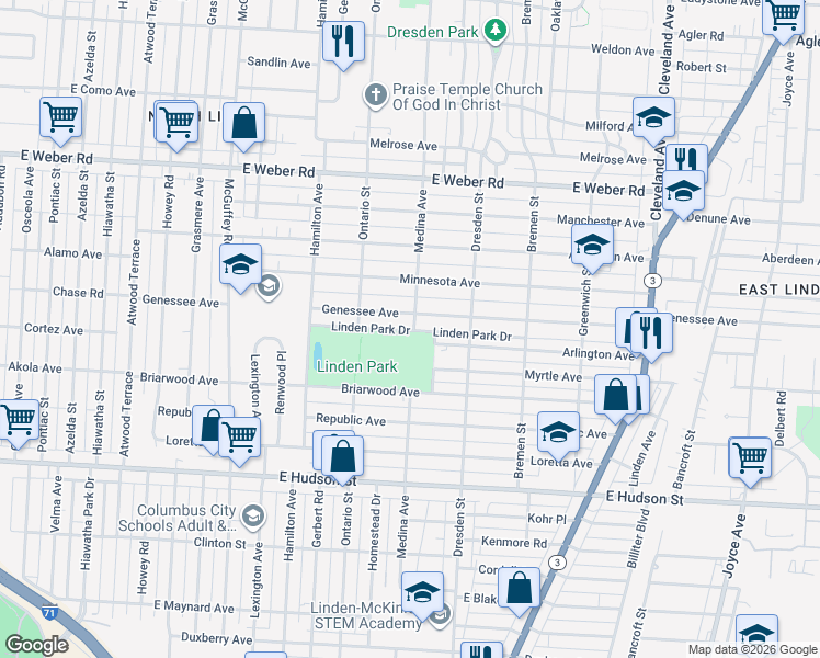 map of restaurants, bars, coffee shops, grocery stores, and more near 1361 Genessee Avenue in Columbus