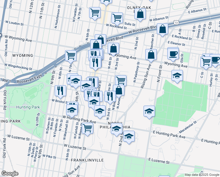 map of restaurants, bars, coffee shops, grocery stores, and more near 4437 North Orianna Street in Philadelphia