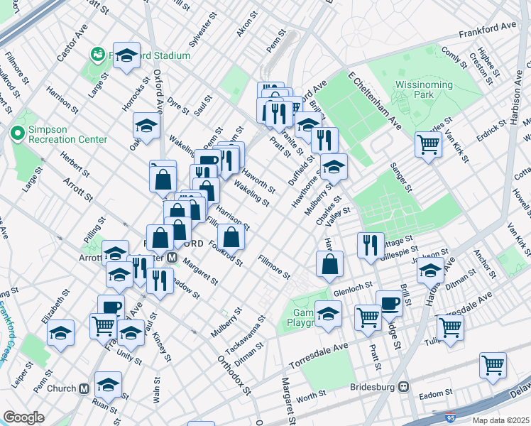 map of restaurants, bars, coffee shops, grocery stores, and more near 4946 Duffield Street in Philadelphia