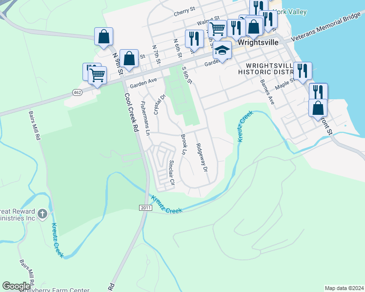 map of restaurants, bars, coffee shops, grocery stores, and more near 204 Brook Lane in Wrightsville