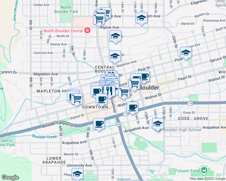 map of restaurants, bars, coffee shops, grocery stores, and more near 2041 Broadway in Boulder