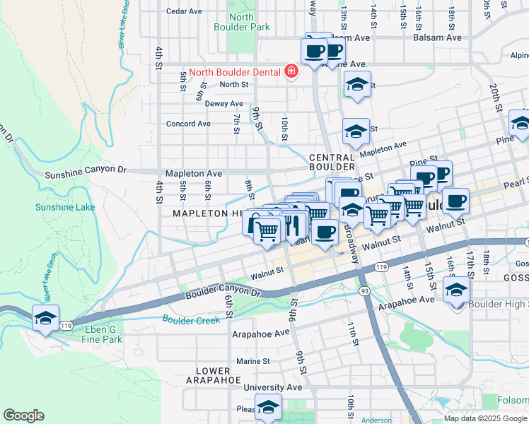 map of restaurants, bars, coffee shops, grocery stores, and more near 814 Pine Street in Boulder