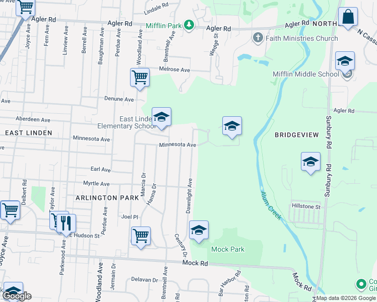 map of restaurants, bars, coffee shops, grocery stores, and more near 2410 Dawnlight Avenue in Columbus