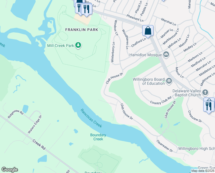 map of restaurants, bars, coffee shops, grocery stores, and more near 126 Club House Drive in Willingboro