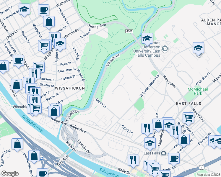 map of restaurants, bars, coffee shops, grocery stores, and more near 4157 Apalogen Road in Philadelphia