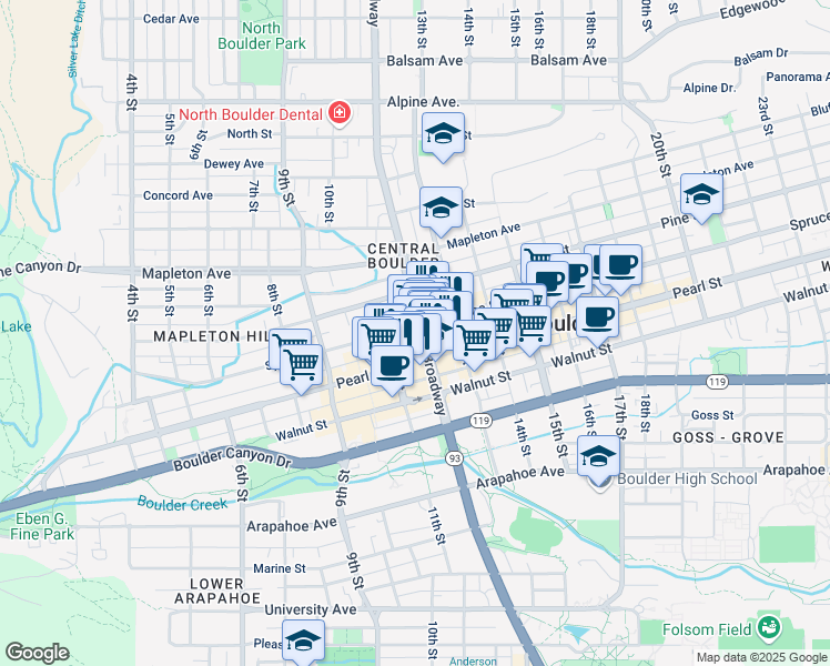 map of restaurants, bars, coffee shops, grocery stores, and more near 2041 Broadway in Boulder
