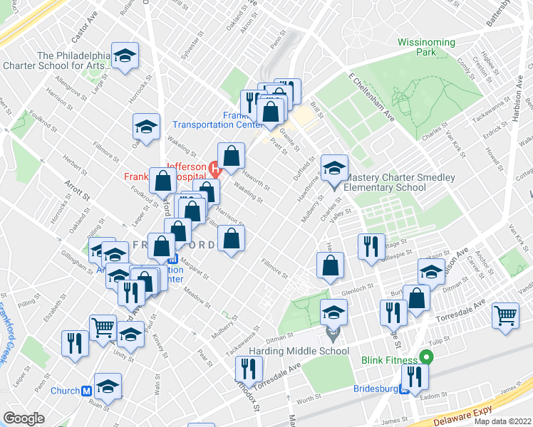 map of restaurants, bars, coffee shops, grocery stores, and more near 4946 Duffield Street in Philadelphia