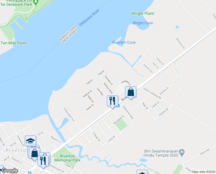 map of restaurants, bars, coffee shops, grocery stores, and more near 355 Harbour Boulevard in Cinnaminson