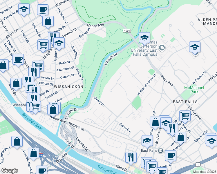 map of restaurants, bars, coffee shops, grocery stores, and more near 4157 Apalogen Road in Philadelphia