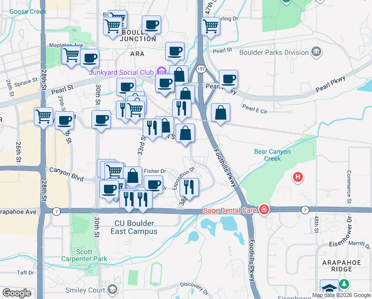 map of restaurants, bars, coffee shops, grocery stores, and more near 1835 38th Street in Boulder