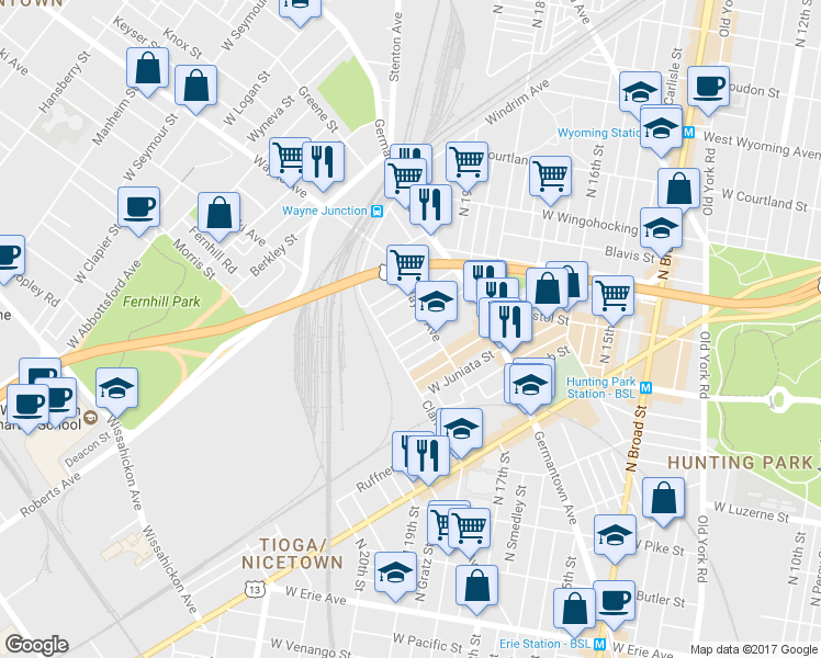 map of restaurants, bars, coffee shops, grocery stores, and more near 2020 Rowan Street in Philadelphia