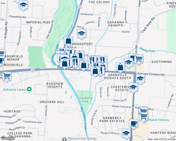 map of restaurants, bars, coffee shops, grocery stores, and more near Granville Street in Gahanna