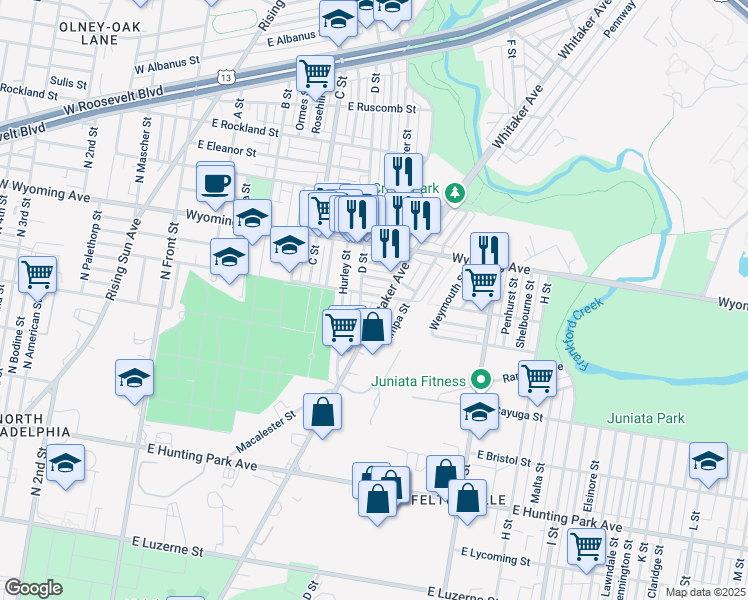 map of restaurants, bars, coffee shops, grocery stores, and more near 516 East Courtland Street in Philadelphia