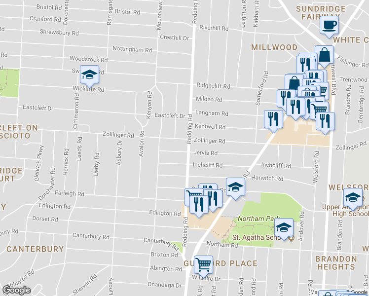 map of restaurants, bars, coffee shops, grocery stores, and more near 2154 Jervis Road in Columbus