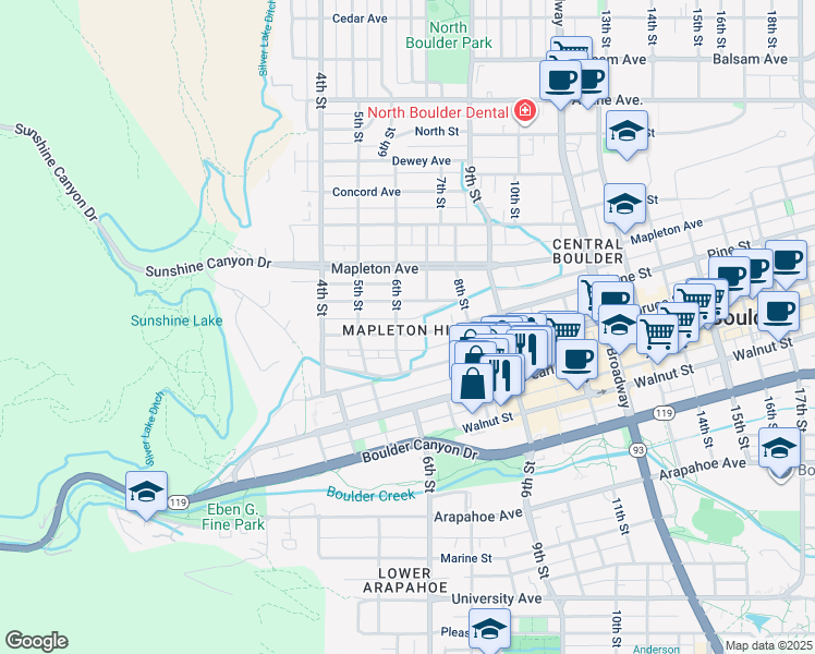 map of restaurants, bars, coffee shops, grocery stores, and more near 613 Pine Street in Boulder