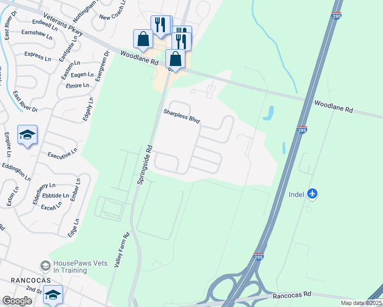 map of restaurants, bars, coffee shops, grocery stores, and more near 96 Sharpless Boulevard in Westampton