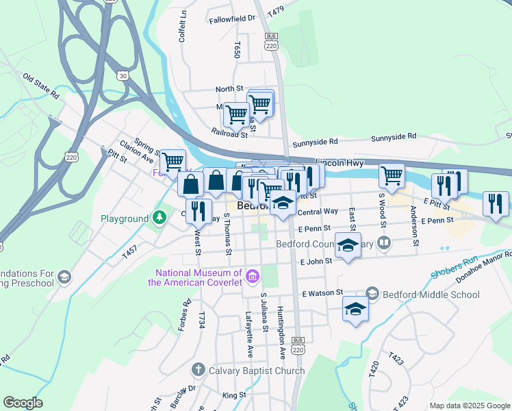 map of restaurants, bars, coffee shops, grocery stores, and more near in Bedford