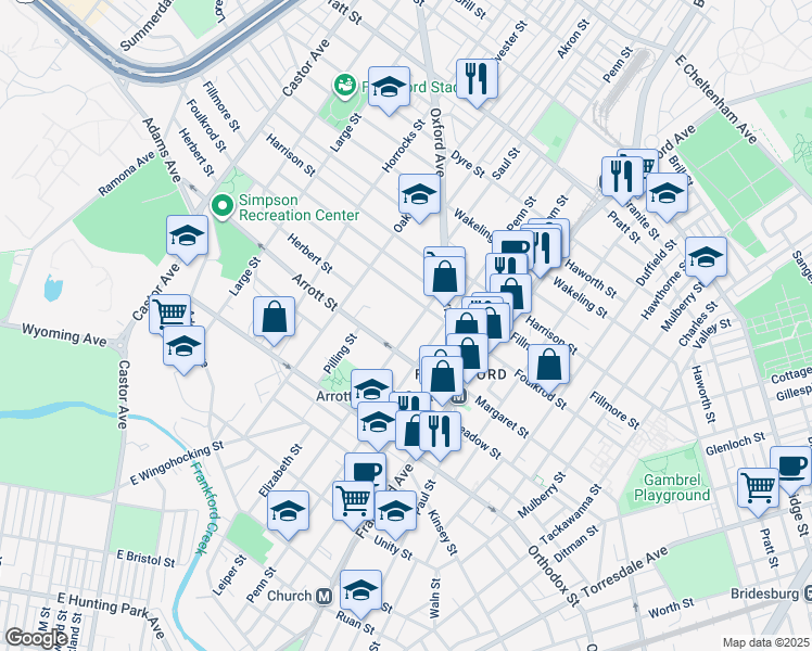 map of restaurants, bars, coffee shops, grocery stores, and more near 4716 Leiper Street in Philadelphia