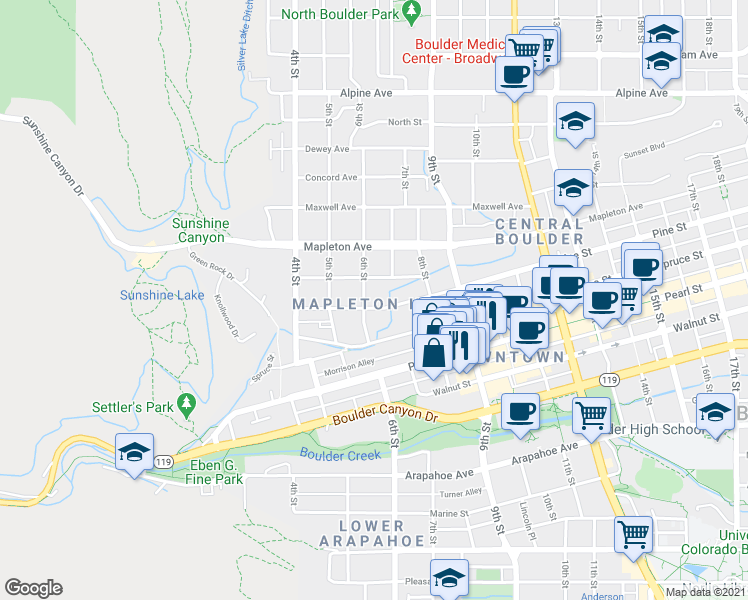 map of restaurants, bars, coffee shops, grocery stores, and more near 621 Pine Street in Boulder