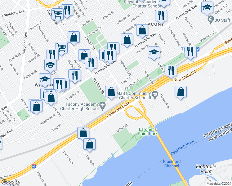 map of restaurants, bars, coffee shops, grocery stores, and more near 6416 Keystone Street in Philadelphia
