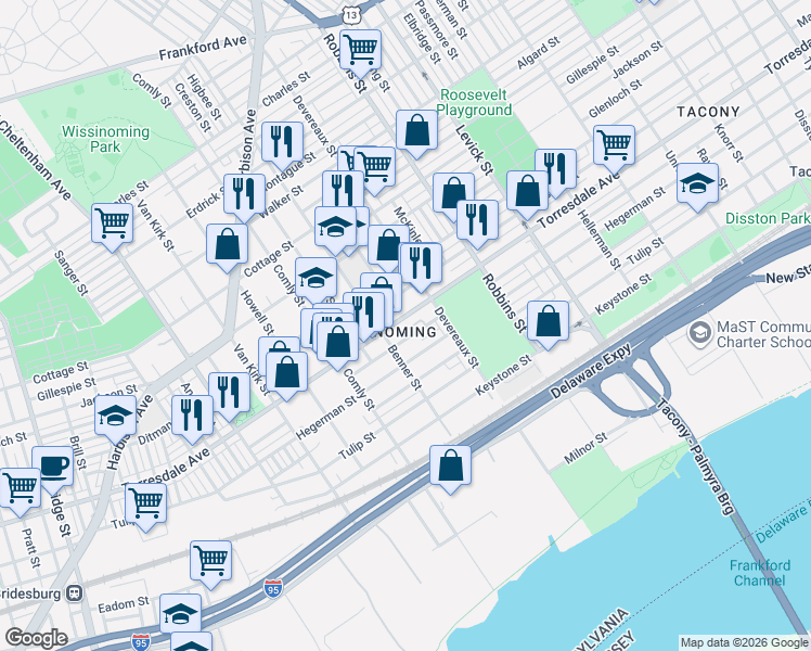map of restaurants, bars, coffee shops, grocery stores, and more near in Philadelphia