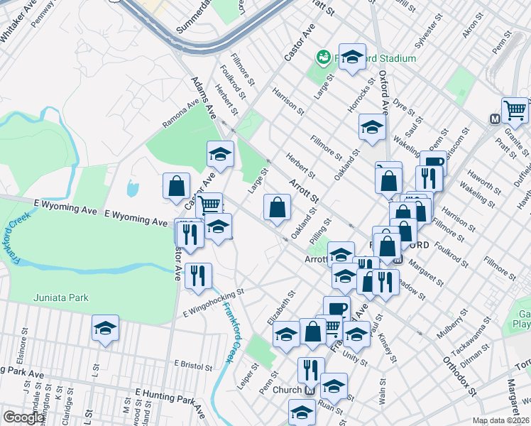 map of restaurants, bars, coffee shops, grocery stores, and more near 4615 Naples Street in Philadelphia