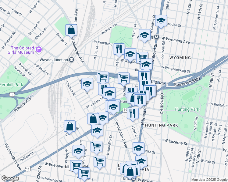 map of restaurants, bars, coffee shops, grocery stores, and more near 1705 West Juniata Street in Philadelphia