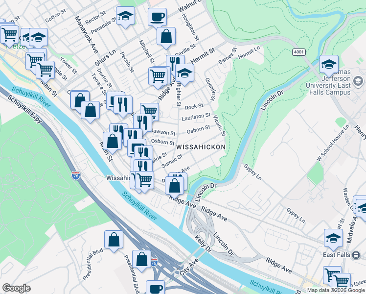 map of restaurants, bars, coffee shops, grocery stores, and more near 163 Sumac Street in Philadelphia