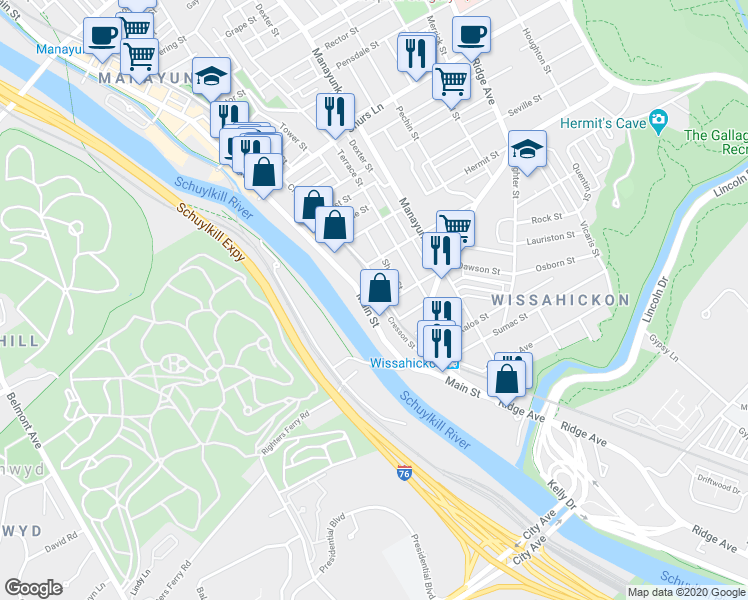 map of restaurants, bars, coffee shops, grocery stores, and more near 100 Dawson Street in Philadelphia