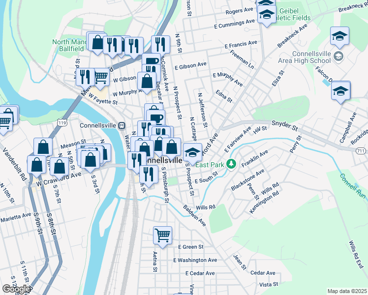 map of restaurants, bars, coffee shops, grocery stores, and more near 9 North Prospect Street in Connellsville