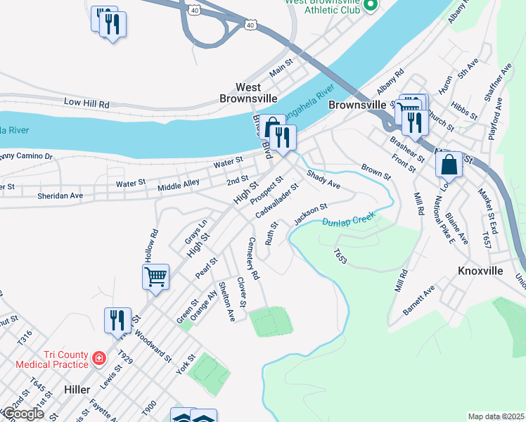 map of restaurants, bars, coffee shops, grocery stores, and more near 327 Cadwallader Street in Brownsville
