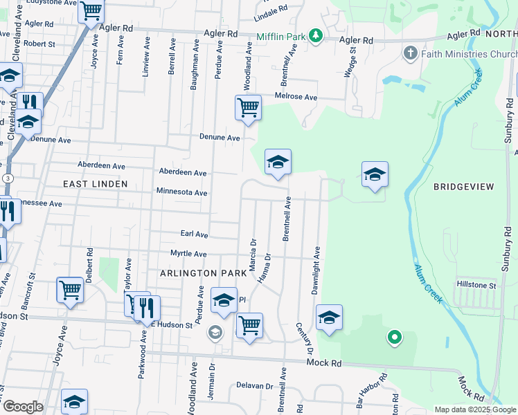 map of restaurants, bars, coffee shops, grocery stores, and more near 2427 Marcia Drive in Columbus