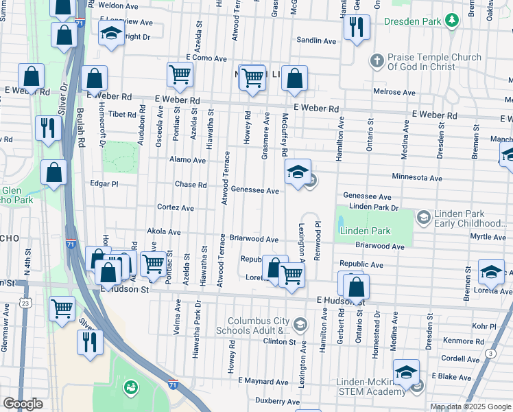 map of restaurants, bars, coffee shops, grocery stores, and more near 2595 Grasmere Avenue in Columbus
