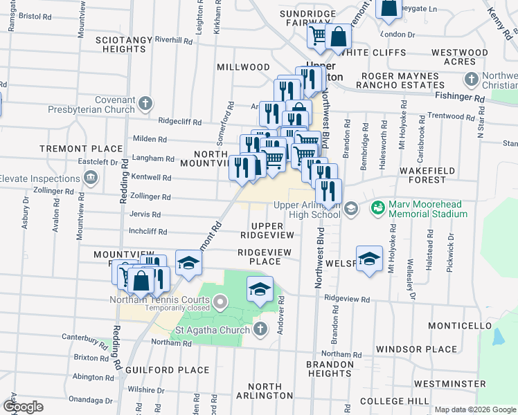 map of restaurants, bars, coffee shops, grocery stores, and more near 3023 Sudbury Road in Columbus