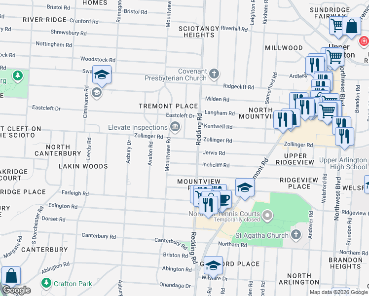 map of restaurants, bars, coffee shops, grocery stores, and more near 2198 Jervis Road in Columbus