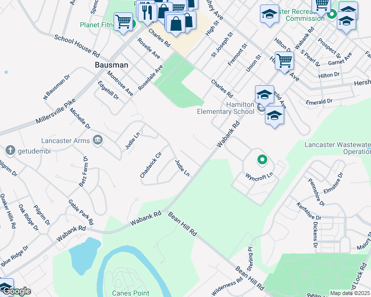 map of restaurants, bars, coffee shops, grocery stores, and more near 405 Lefever Ave in Lancaster
