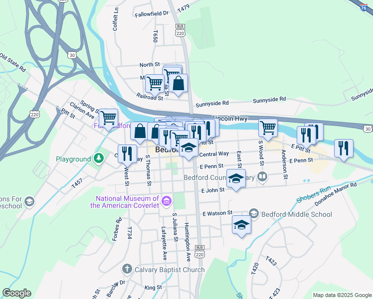 map of restaurants, bars, coffee shops, grocery stores, and more near 134 East Pitt Street in Bedford