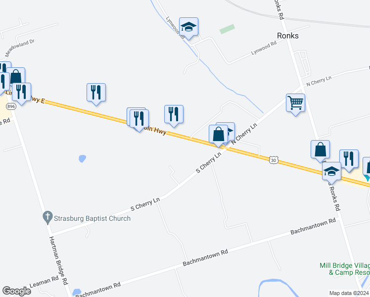 map of restaurants, bars, coffee shops, grocery stores, and more near 2662 Lincoln Highway East in Ronks
