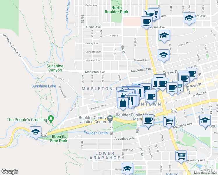 map of restaurants, bars, coffee shops, grocery stores, and more near 637 Pine Street in Boulder
