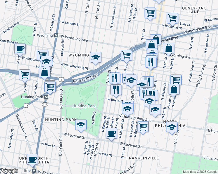 map of restaurants, bars, coffee shops, grocery stores, and more near 4357 North 8th Street in Philadelphia