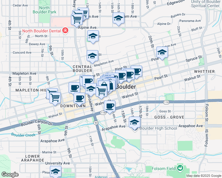 map of restaurants, bars, coffee shops, grocery stores, and more near 1406 Pearl Street in Boulder